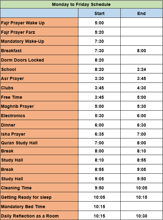 M-F Dorm Schedule